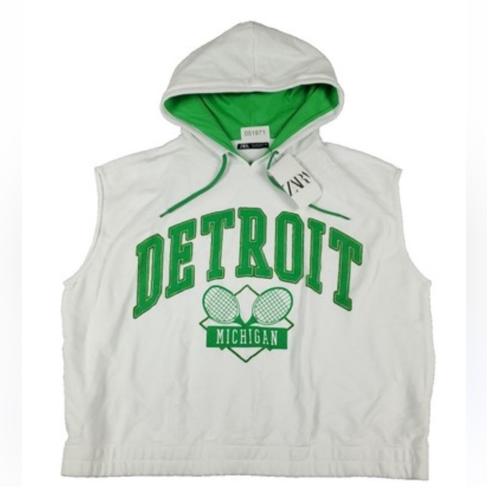 Zara Jersey Detroit White and Green Sleeveless Hoodie
Women’s Size Small NWT